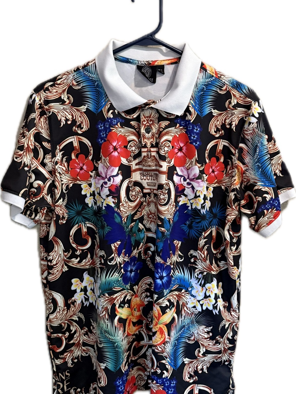 Versace Black Floral & Baroque Polo with White Collar